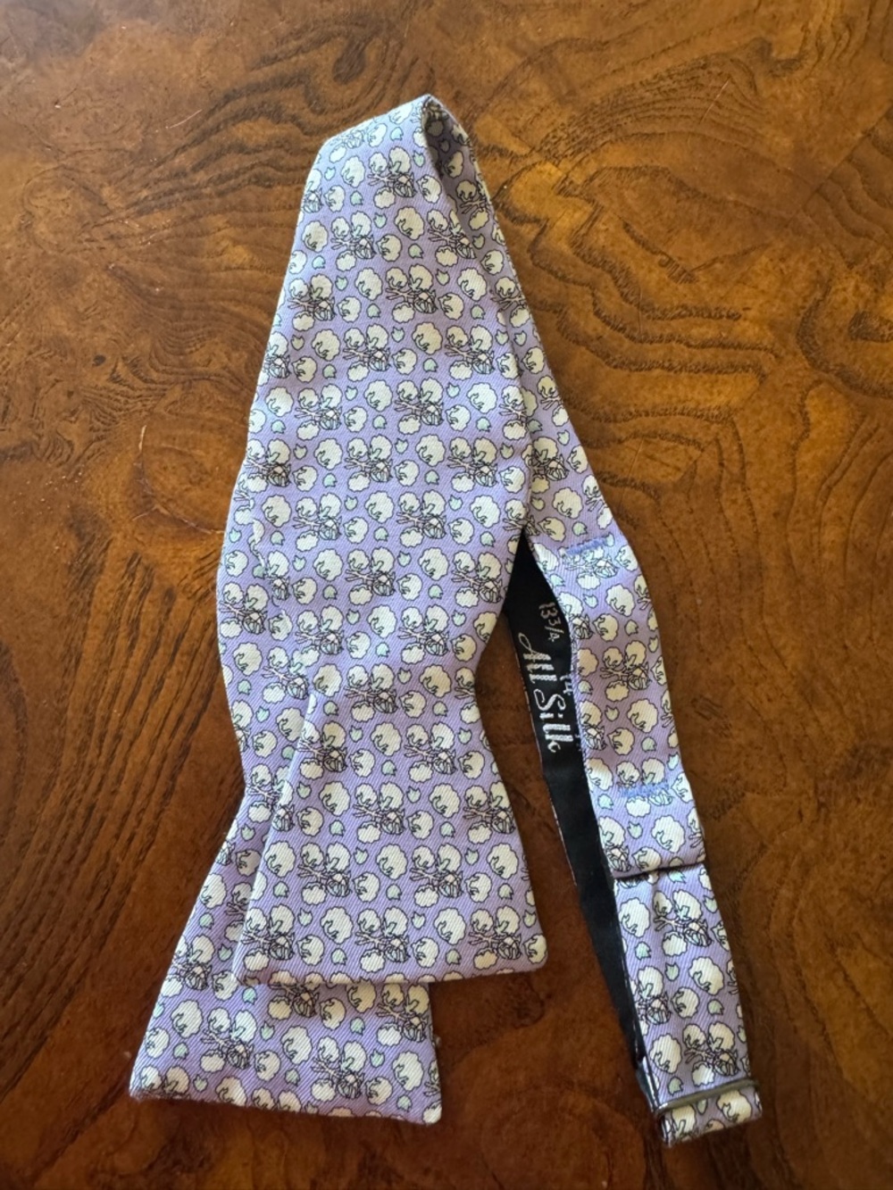 Vineyard Vines Silk  Bow Tie Lilac Pale Green White Cotton Boll Pattern